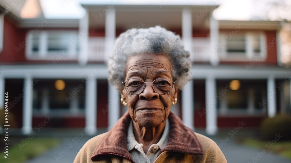 Senior African American woman standing outside at nursing home.