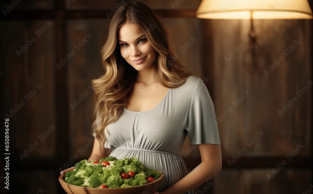 Pregnant woman eating healthy food at home.