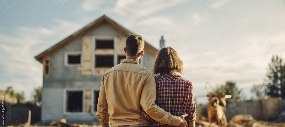 Couple Looking at development house, Young family dreaming about a new home. Real estate concept.