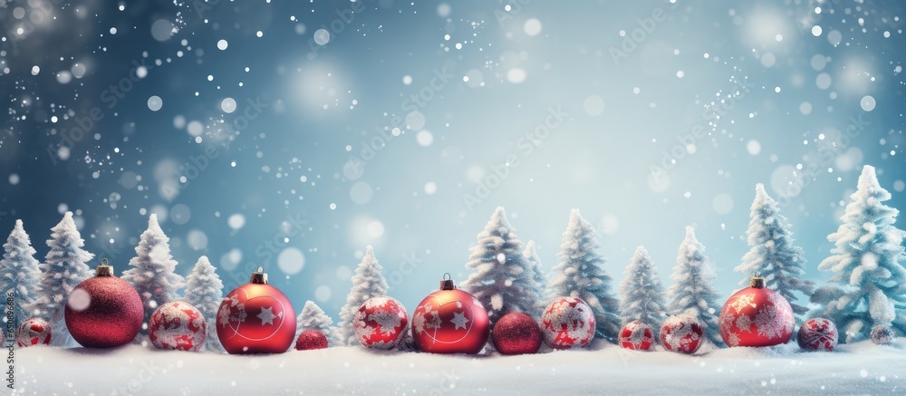 Festive snowy Christmas background with decorated tree in snow