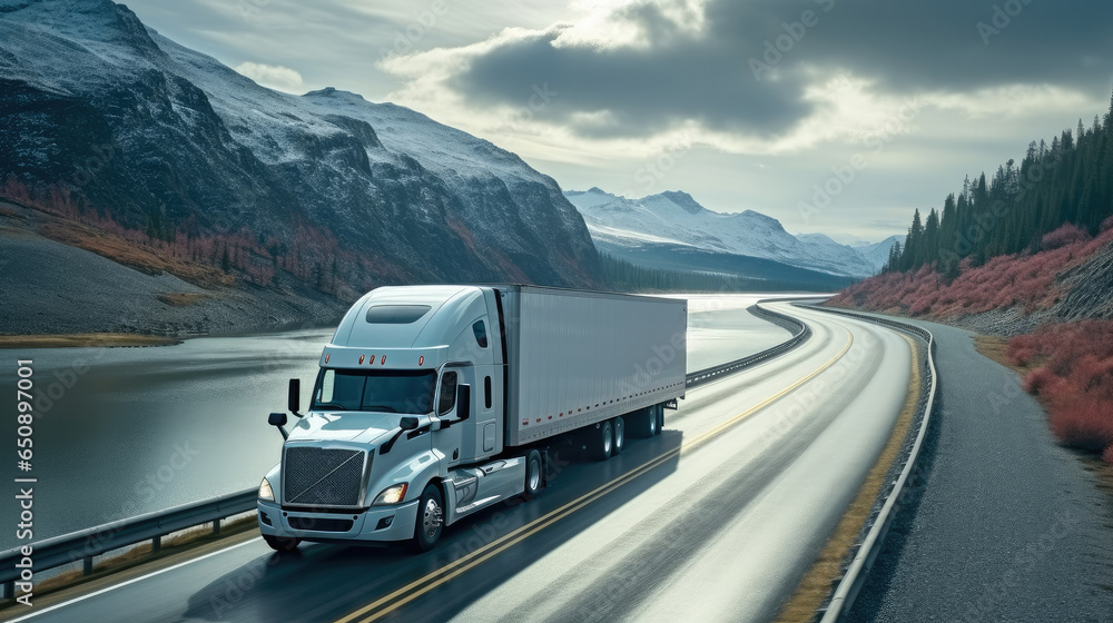 Semi Truck on highway in beautiful mountains.