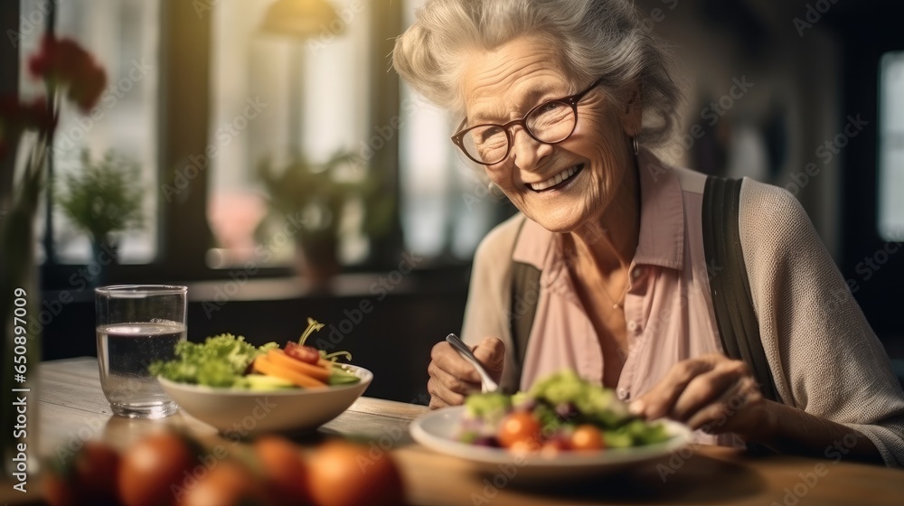 Senior woman eating healthy food at home.