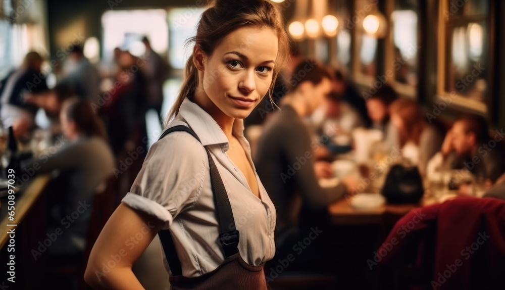 Waitress while working in a busy restaurant.