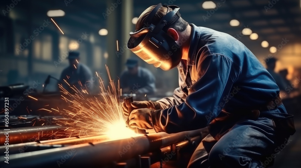 Man wearing helmets and doing welding, heavy-duty industry and manufacturing plant, Iron and metal industry workers, Welding job.