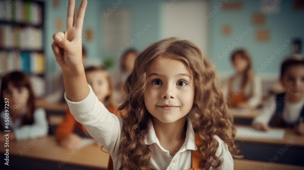 Little girl in school classroom raising hand up to answer teacher.