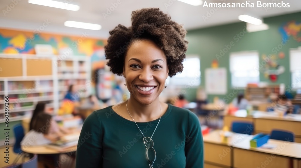 Portrait of happy African American kindergarten teacher in a kindergarten.