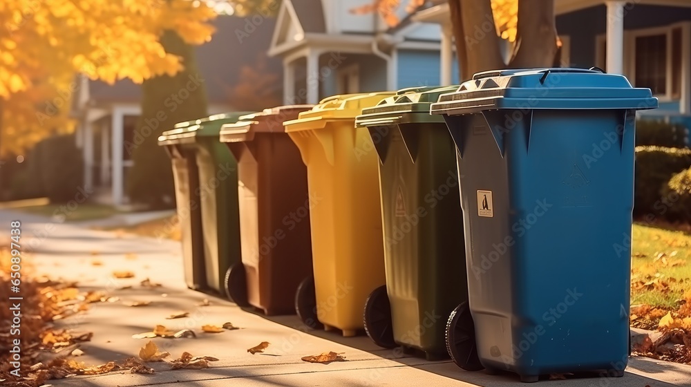 Recycling bins in park, Public recycling bins.