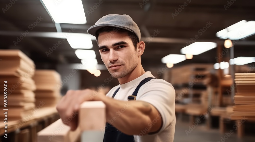 Carpenter man looking and choosing wood plank at wood factory.