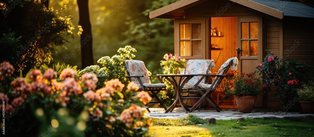 Cozy spring atmosphere outside enjoying tea in a green garden shed adorned with chairs and flowers