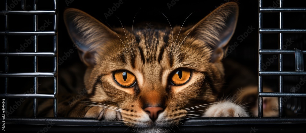 Unhappy feline confined in pet carrier symbolizing animals without homes and veterinary care