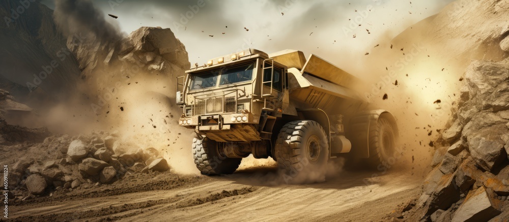 Large mining dump truck removes stone rock from limestone quarry