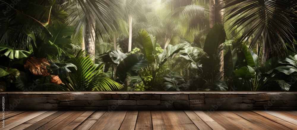 wooden terrace in tropical garden style with aged plank backdrop