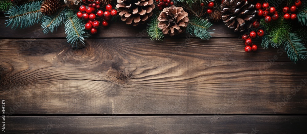 Vintage style Christmas scene with wooden board fir branches pinecones and berries