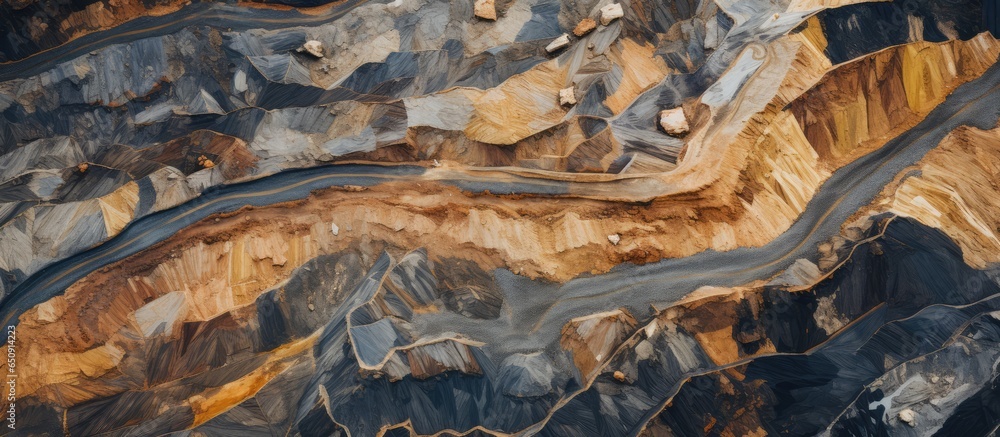 Bird s eye view of industrial terraces on mineral mine Opencast mining Drone s eye view