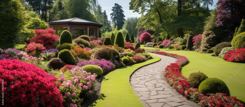 Vivid flowerbeds and curving grass pathway in charming English garden