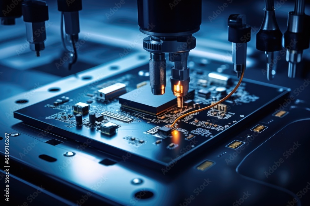 Detailed image of a pickandplace machine meticulously positioning surfacemount components onto a PCB under high magnification.