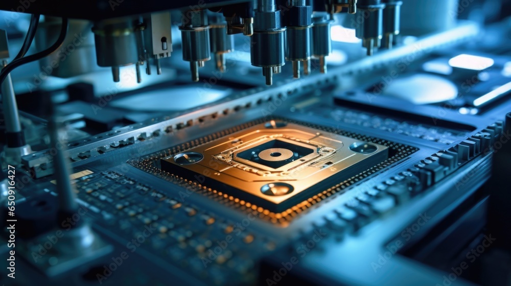 A detailed shot of a lithography machine, which is a critical tool used to transfer intricate circuit patterns onto the wafer surface. The image highlights the precision of the machine,