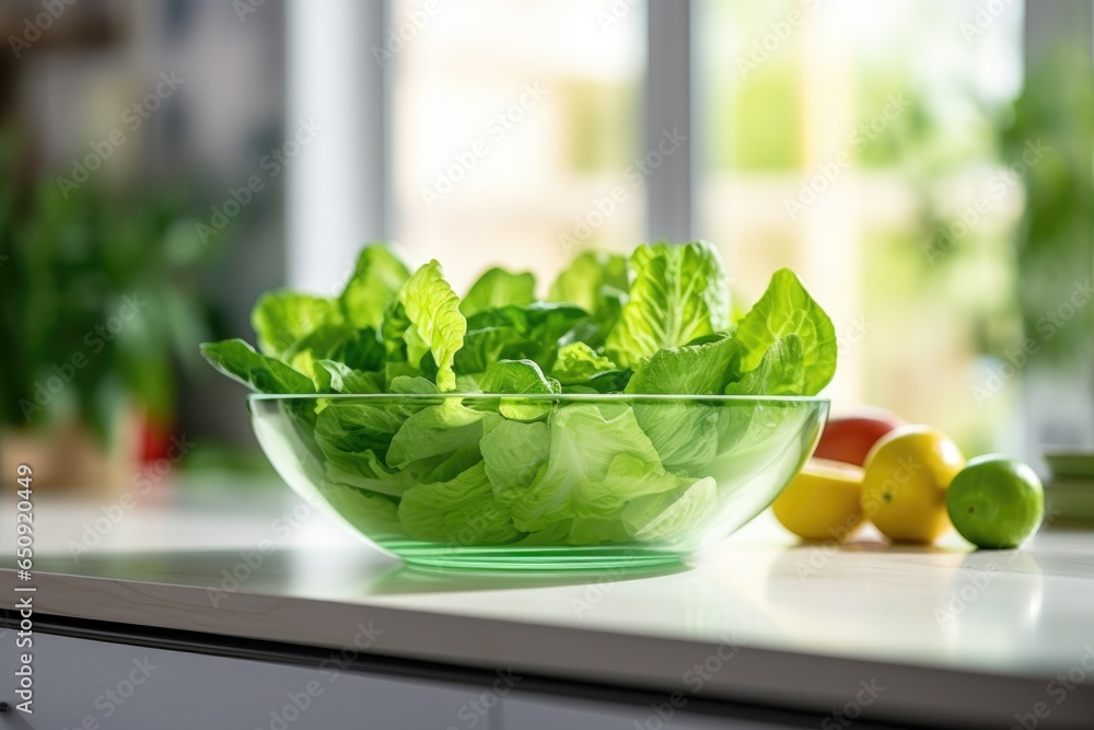 Full bowl of fresh green salad on the table in the kitchen