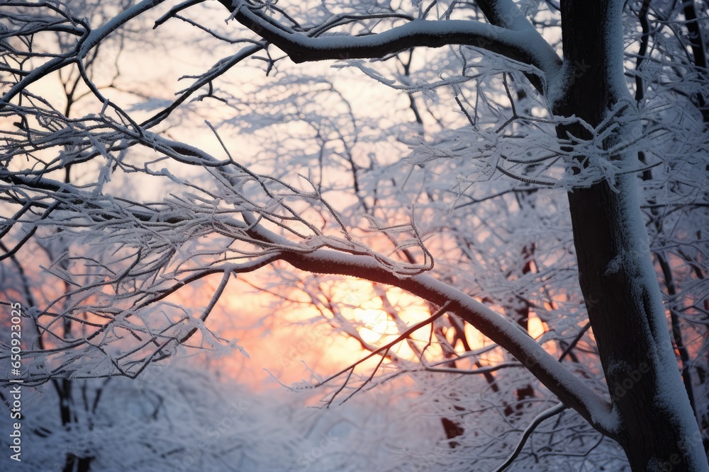 White snow on bare tree branches on a frosty winter day, close-up against a sunset background