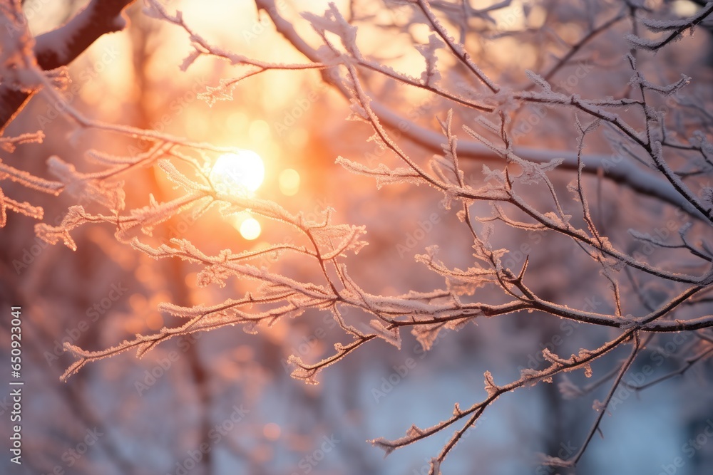 White snow on bare tree branches on a frosty winter day, close-up against a sunset background