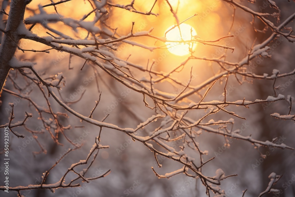 White snow on bare tree branches on a frosty winter day, close-up against a sunset background