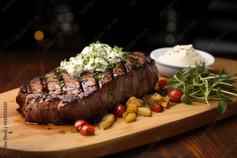 Beef steak served on a plate with a roasted potato