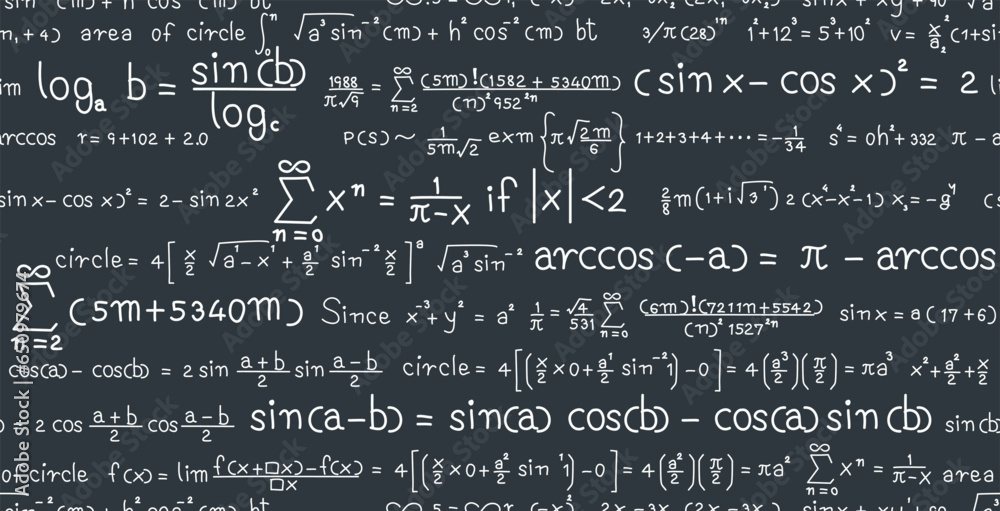 Seamless numbers formulas of mathematics on chalkboard.