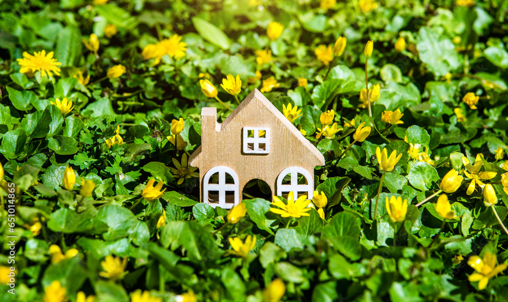 The symbol of the house stands among the yellow flowers 