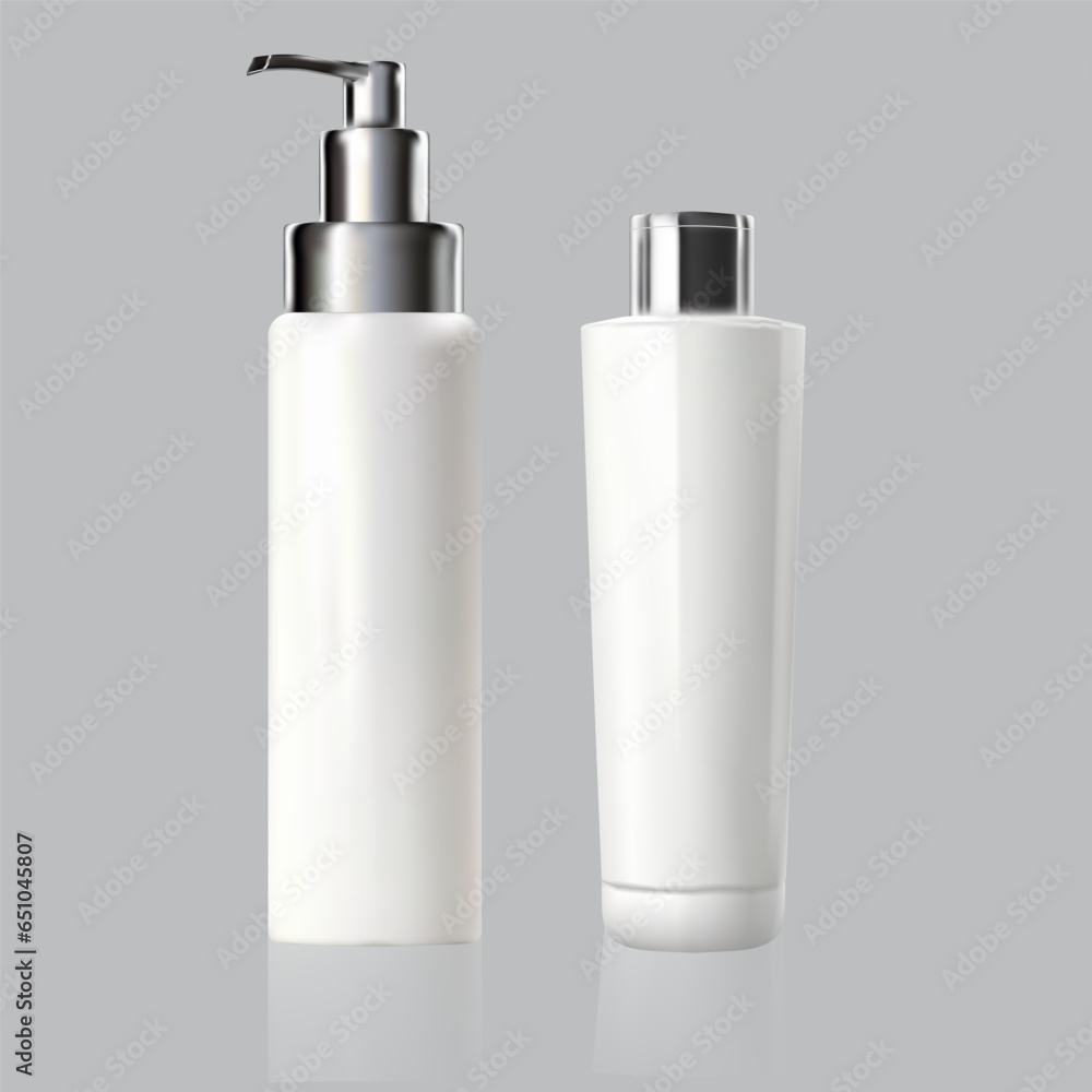 Pump cosmetic bottle, white package container. 3d shampoo dispenser mock up. Body cream or shower soap empty realistic jar. Airless beauty product clean pack design template. Foam gel tube lid.