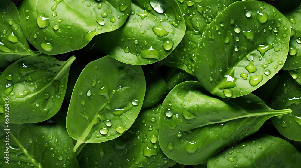 Fresh green spinach leaves with water drops background. Vegetables backdrop. Generative AI