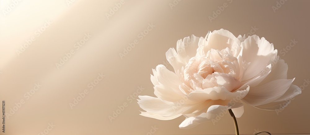 Beige peony flower with shadows on neutral background