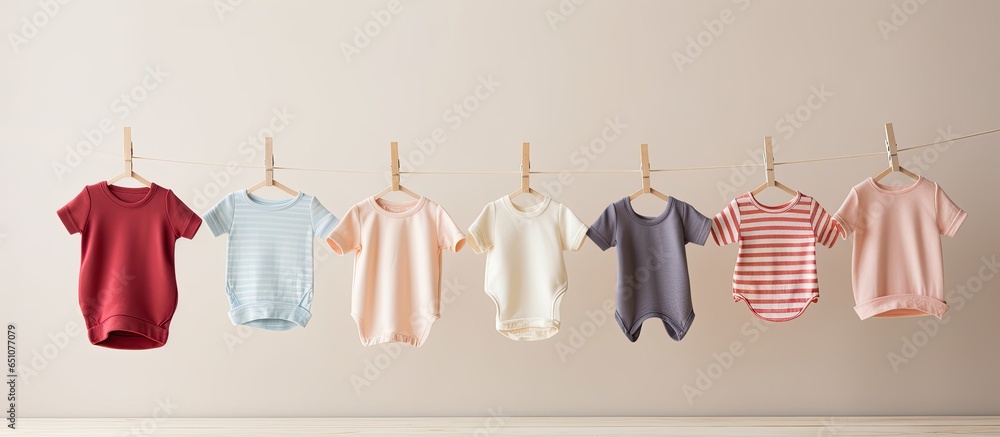 Infant garments suspended on line against gray backdrop