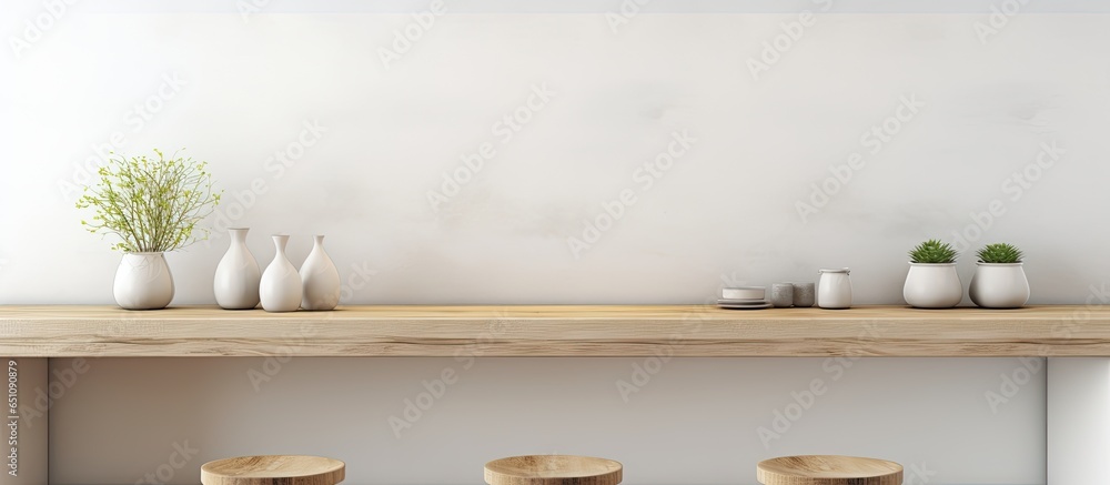 Closeup of a vintage wooden table top or shelf creating a zen mood contrasting with a contemporary minimalist kitchen with white and wooden elements in a white architectural interior design 