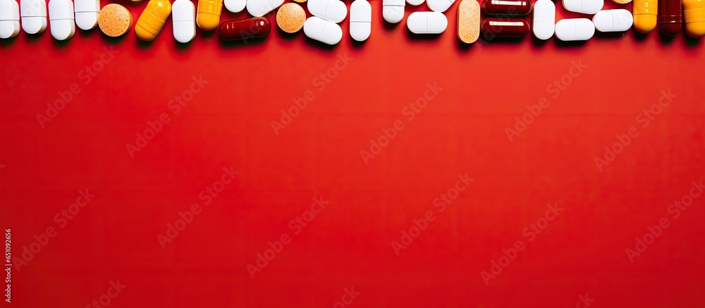 Colored pills on red background room for text showcasing variety of medicine