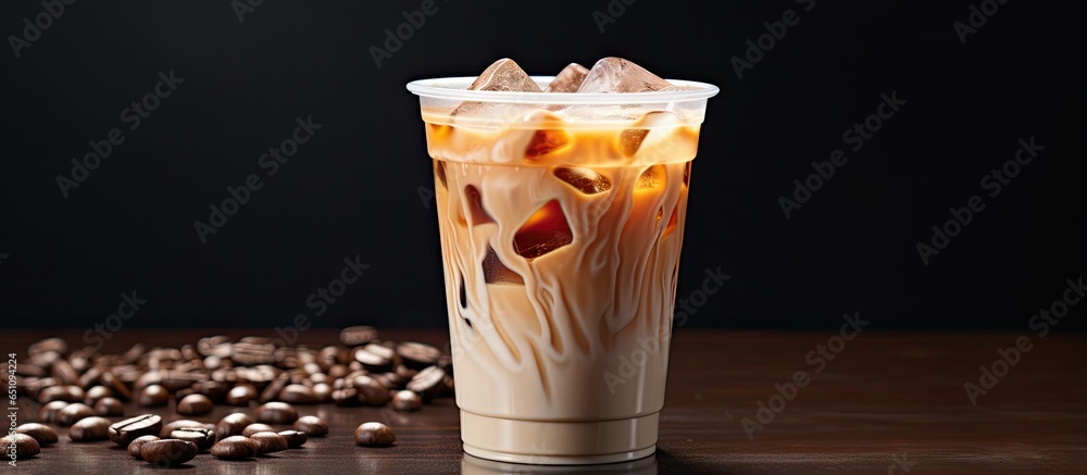 Plastic cup with 16 oz of iced latte coffee