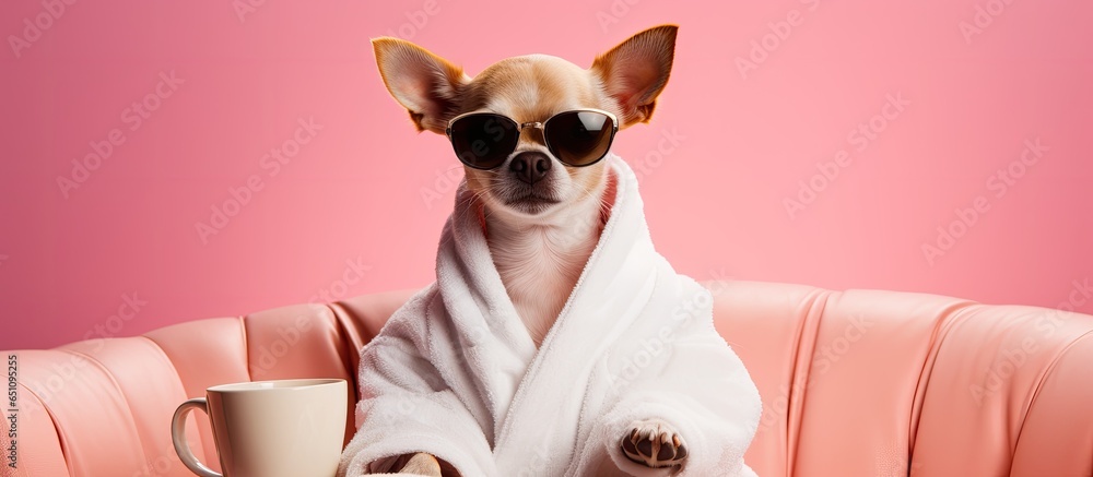 Chihuahua dog in spa wearing a robe sunglasses and drinking a martini