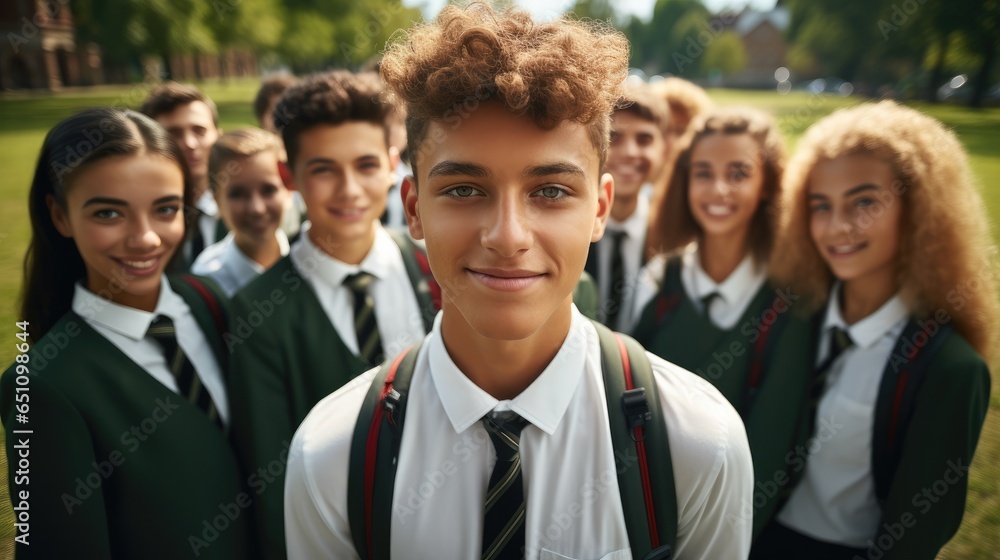 Back to school selfie, Students in the morning line with football field behind them.