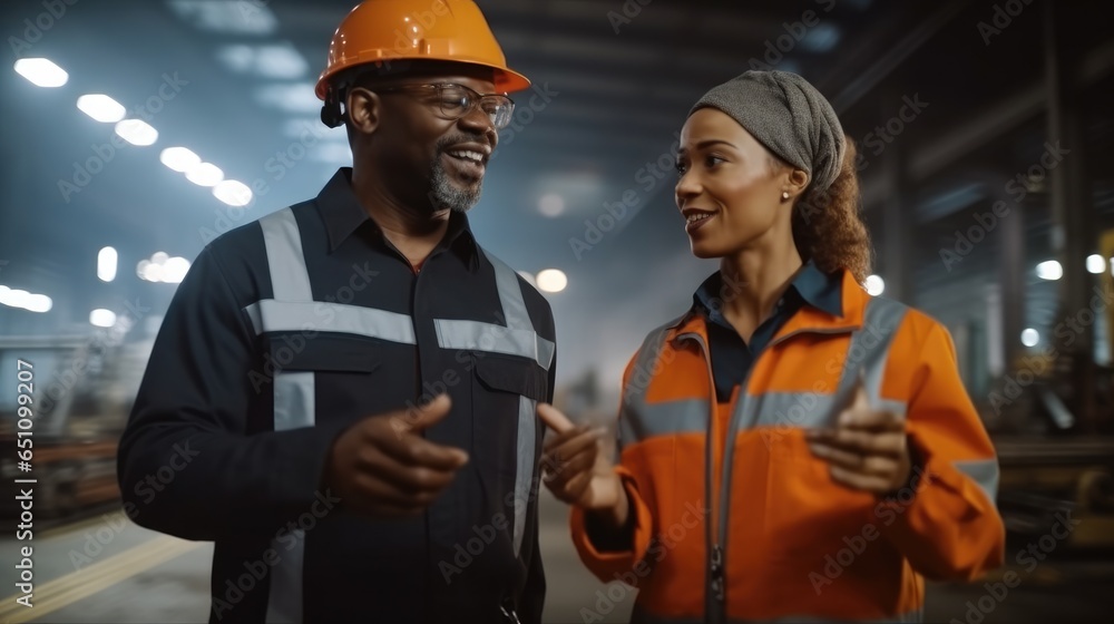 Industrial Engineers man and woman are discuss new project at a heavy industry manufacturing factory.