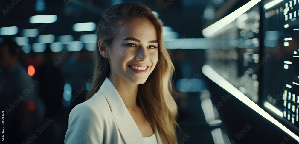 IT Professional Admin woman working in a large computer server farm.