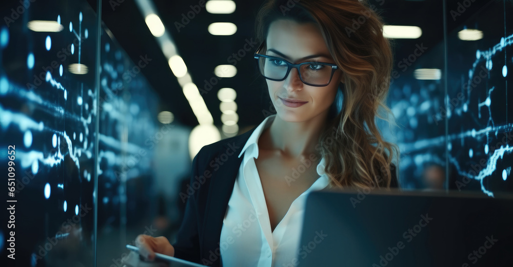 Data Center Engineer, Young IT woman working in supercomputer electricity backup room.