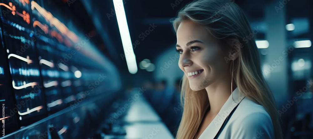 Woman technician running diagnostics on computer servers in a server farm, IT Professional Admin in Data Center.