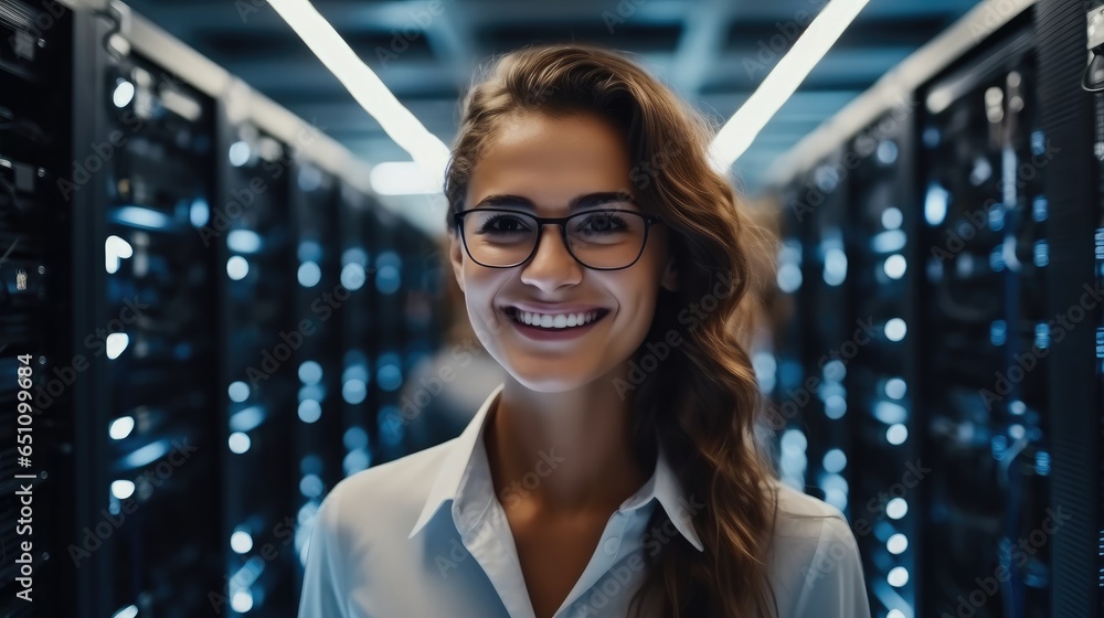 Female IT engineer working in data center, Digital world.