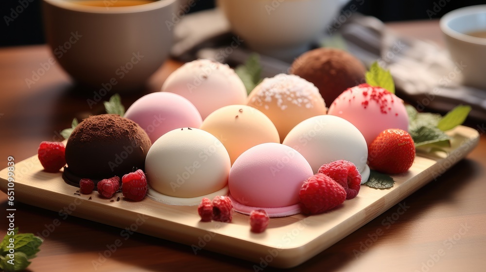 Chocolate, Strawberry, Mango and cream flavoured mochi.