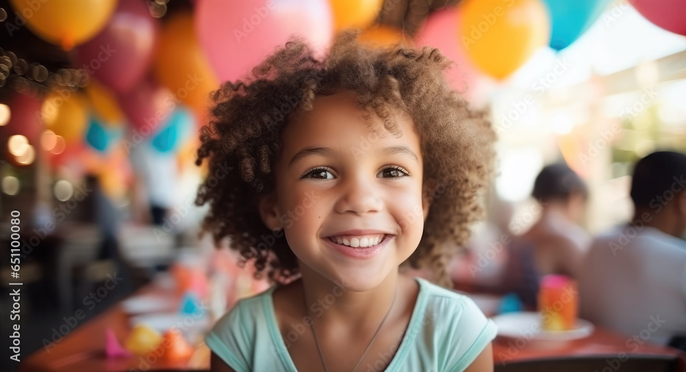 Little girl celebrating birthday at a birthday party against colorful balloons background.