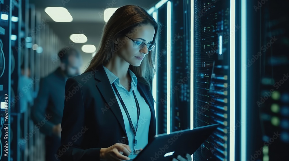 Female IT engineer working in data center, Digital world.