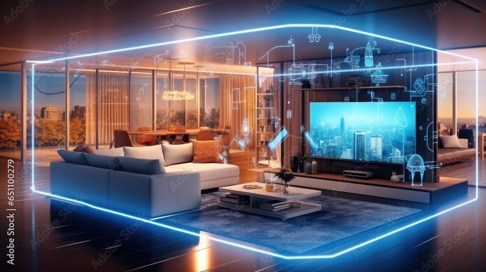 Modern house with digital holographic artificial intelligence (ai) smart technology.