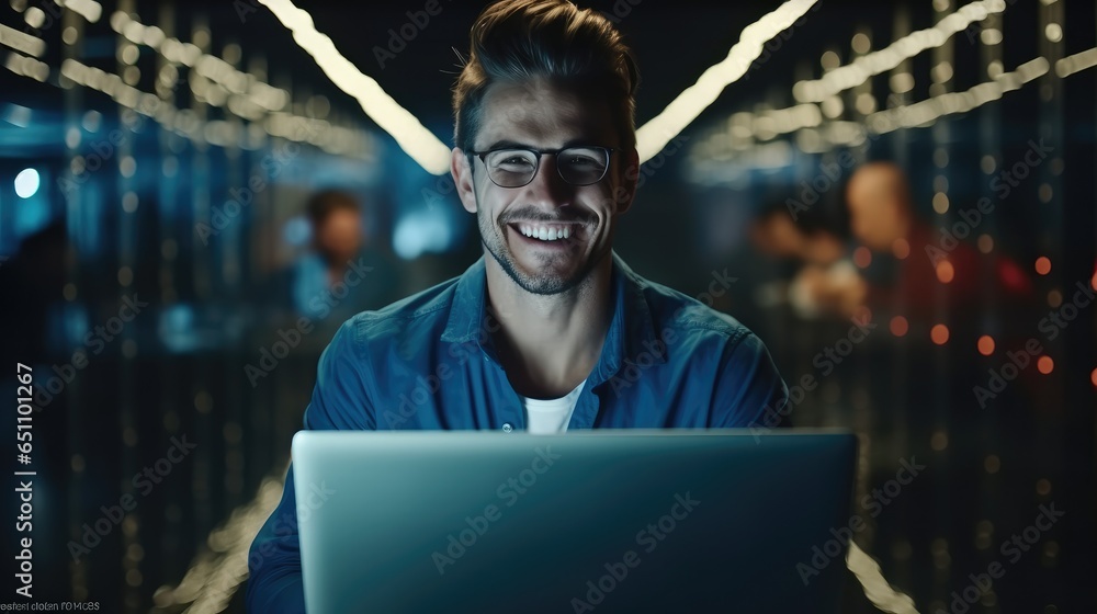 Technician man using a laptop diagnostics or doing maintenance in a data centre, IT Engineers working in server room.