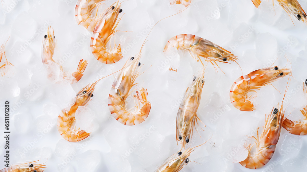 Top view of raw whole shrimps on ice. Seafood background. Generative AI