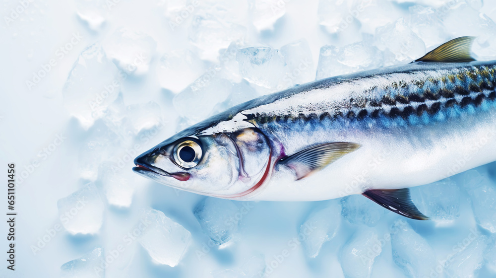 Fresh mackerel fish (Scomber scrombrus) on ice. Seafood background. Generative AI