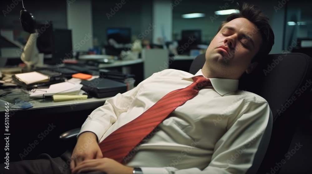 Businessman falling a sleep in an Office, Office worker sleeping in his chair at his desk in the business office, After a long working day.